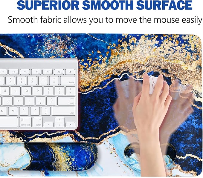 Large Gaming Mouse Pad, Keyboard Wrist Rest Pad & Wrist Support Mousepad Set, Stitched Edge, Extended, Non-Slip Base, Memory Foam,Multifunctional Desk Mat 4pcs for Office & Home, Blue Marble