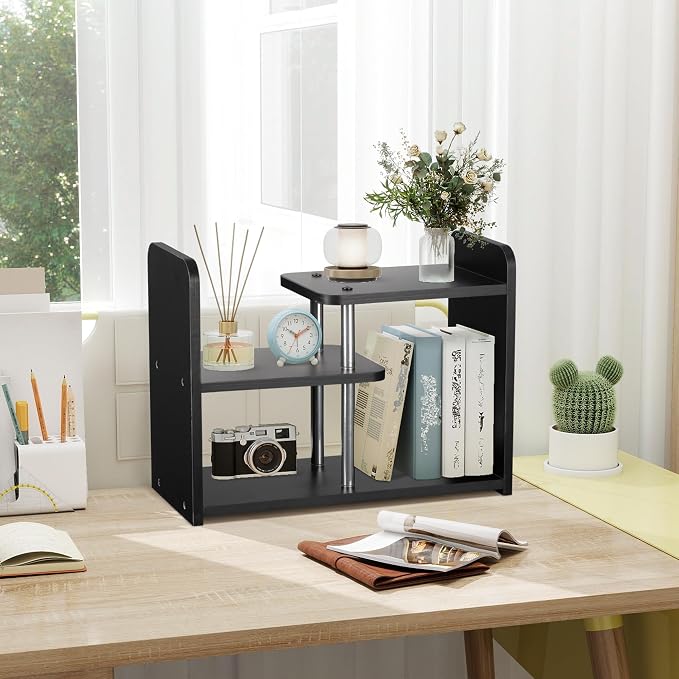 Desktop Organizer,Office Storage Rack,Wood Small Bookshelf,Black | Display Shelf,Office Shelf,Desk Organizer Small Tabletop Hutch for Office,Dorm,Living Room,Counter Top
