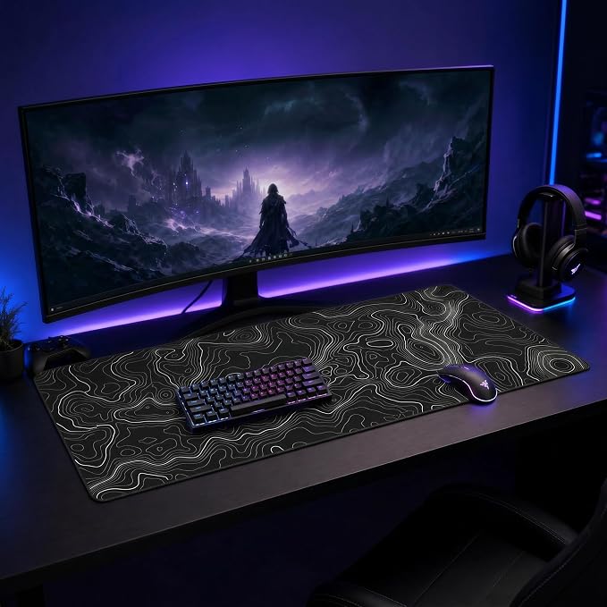 Large Mouse Pad Mat 35x17 Inch, XXXL Gaming Mouse Pad Topographic Map Lines | Extended Desk Mat with Non-Slip Rubber Base, Geographic Contour Topographic Design Mousepad for Gaming, Office, Laptop & PC