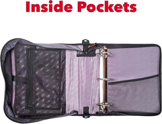 Case-it School Zipper Binder | 3" O-Rings | 600-Sheet | D-156-N Jet Black | Mighty Zip Tab, 5-Color Tab Expanding File Folder, Multiple Pockets, Shoulder Strap, Office