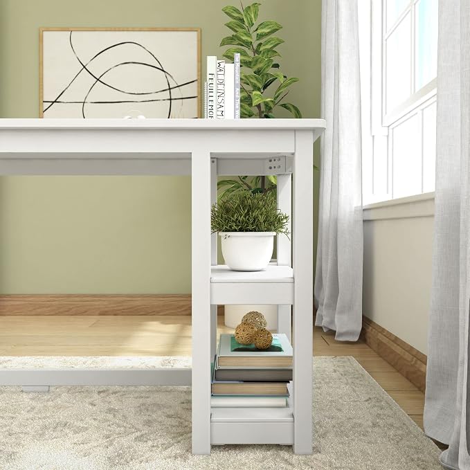 Plank+Beam Classic Desk, 55 Inch, with Shelves, White | Wooden Computer Desk with Shelves, Non-Toxic Finishes, Large Desk Space, Engineered Wood, Matching Style, Solid Wood
