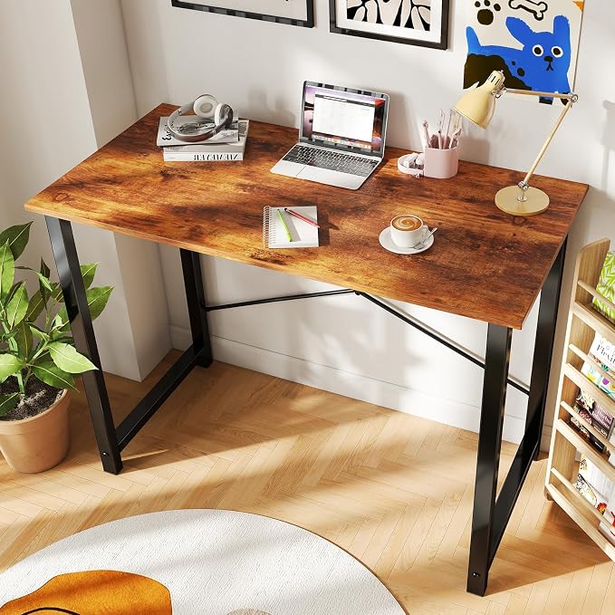 DUMOS 40 Inch Small Computer Desk, Gaming Desks for Home Office Bedroom | Modern Study Writing Work Table, Craft PC Desk Simple Workstation with Reinforcement Structure, Wood Brown