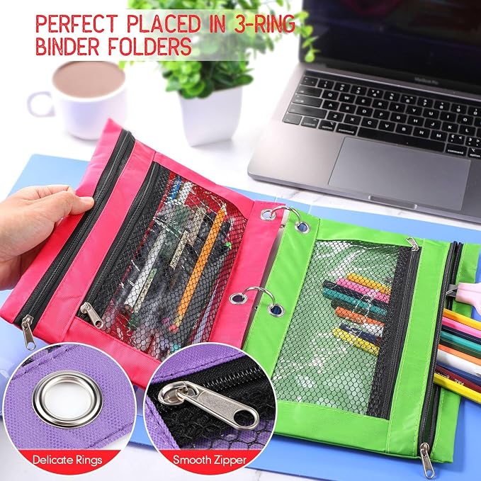 Fainne 60 Pack Pencil Pouches for 3 Ring Binder, A4/letter Size Compatible, 3 Hole Zipper Pouches with Clear Window, Double Zipper Pencil Case Bulk for Office School College Supplies(Multi Color)