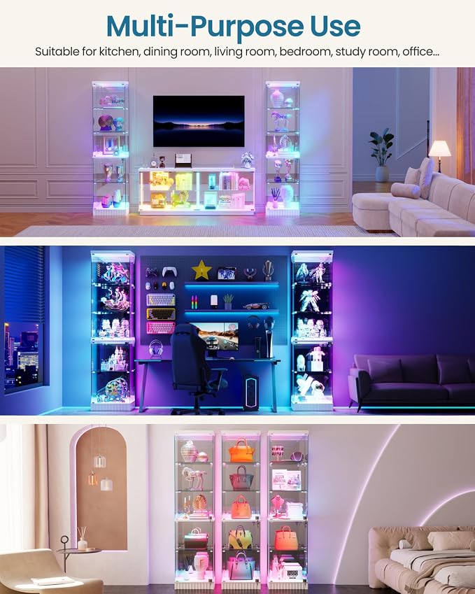 67''H Lockable Display Cabinet with Glass Doors & RGB Lights,Gaming Room | 5-Tier Glass Curio Display Cabinets with Motion Sensor Lights, China Cabinet with Removable Shelves,Lighted Showcase,Black