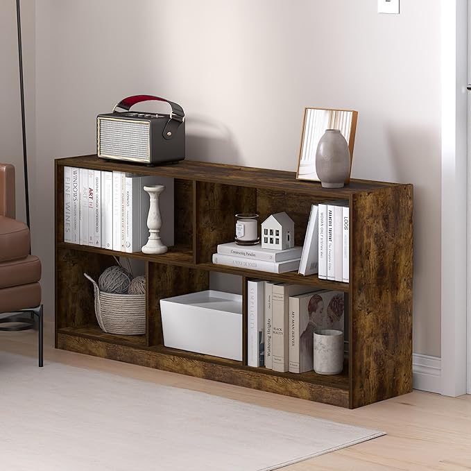 Furinno DALY Book Shelf, 5-Cube Bookshelf, Horizontal Cube Storage Organizer Bookcase, 10.9 x 47.2 x 23.6, for Living Room, Bedroom, Home Office, Amber Pine