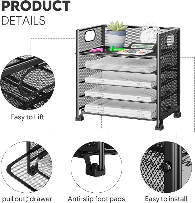 Simple Trending 5-Tier Paper Tray Organizer, File Organizer for Desk, Black | Letter Tray Holder with Handle. Sturdy Metal Frame. Non-slip Feet. Black for Office Home School. 13"L x 9"W x 13"H