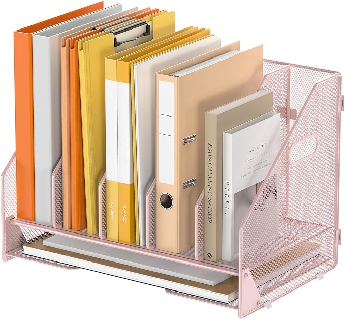 5 Vertical Mesh Desk Organizer with Paper Letter Tray, Pink | Sorting racks with lower letter tray section. Multipurpose mesh desktop space saver for home office and school