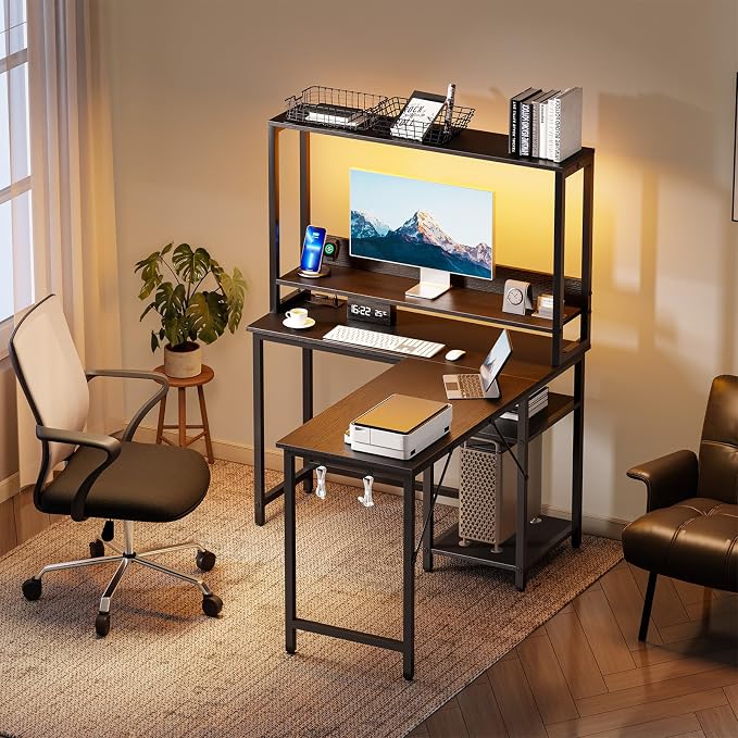 DUMOS L Shaped Desk, Gaming Desk, Power Outlet, 43 Inch | Reversible Corner Computer Table, Adjustable Shelf CPU Stand, Home Office Writing Table, LED, Black