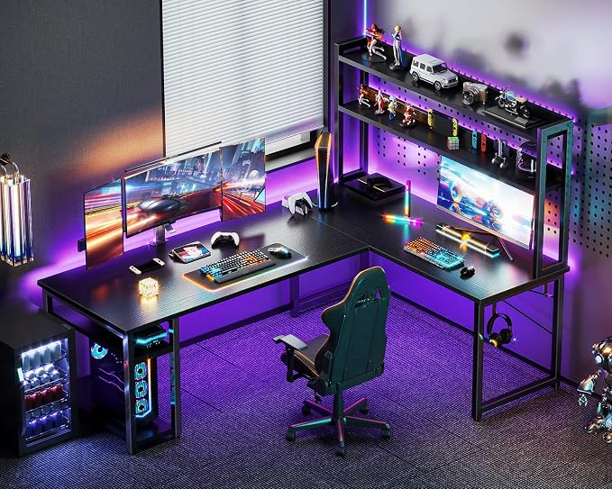 ODK L Shaped Gaming Desk with Hutch, Computer Desk with Storage Shelves, 66" L Shaped Desk for Home Office, Corner Desk with Headphone Hook, Black | Computer Desk with Storage Shelves, L Shaped Desk for Home Office, Black Corner Desk
