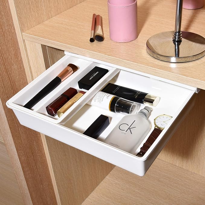 Under Desk Drawer Organizer, Self-Adhesive Storage, Office & Home Stationery (Large-White)