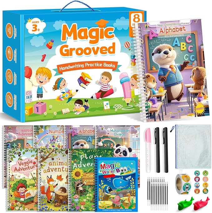 Magic Grooved Writing Practice Books for Kid, 8-in-1 Handwriting Kit