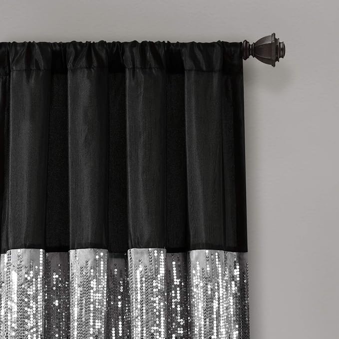 Lush Decor Night Sky Window Curtain Panel, Single, 42" W x 108" L, Black & White - Sequin Curtains - Sparkle & Color Block Design - Modern Glam Decor - Extra Long Curtains For Bedroom & Living Room