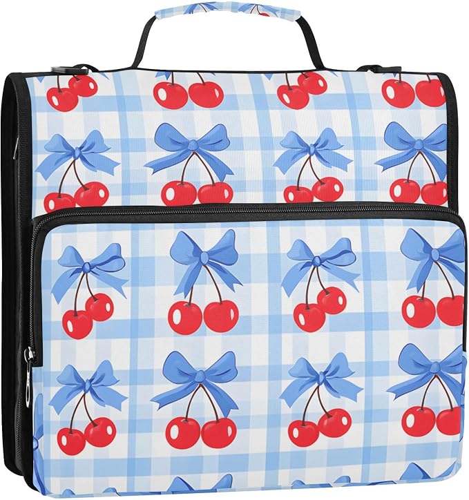 Zipper Binder Cherry Blue Bow 3 Ring Binder with Shoulder Strap 500 Sheet Capacity Storage Organizer File Folder