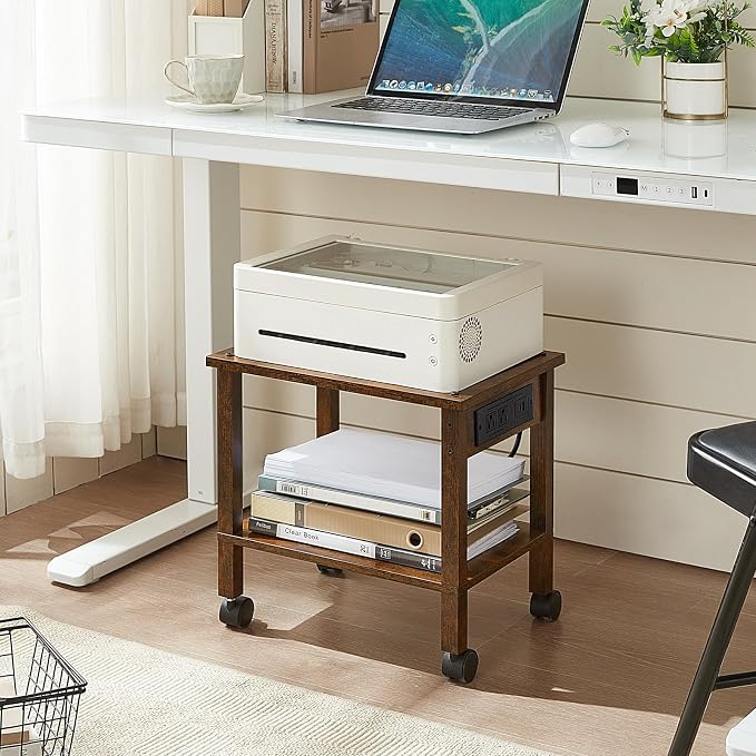 YUFAM 2 Tier Under Desk Printer Stand with Charging Station, Brown | Wooden Small Printer Table for Home Office, Rolling Printer Cart Shelf with Lockable Wheels