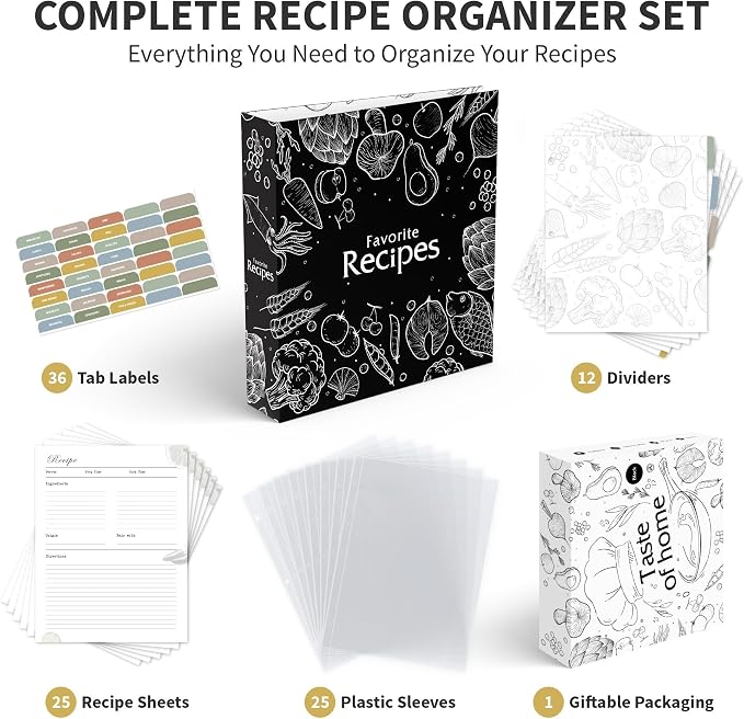CraftSaints Recipe Binder 8.5x11, 3 Ring DIY Cookbook Binder Kit 12 Dividers & 25 Plastic Sleeves & 25 Recipe Pages & 36 Labels, Recipe Organizer Binder Kit, Recipe Book (Black)