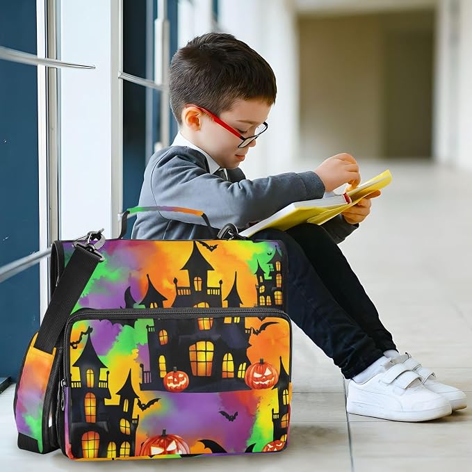 3 Ring Zipper Binder Spooky Haunted House Binder Organizer Portfolio with File and Shoulder Strap & Handle Large Capacity File Folder