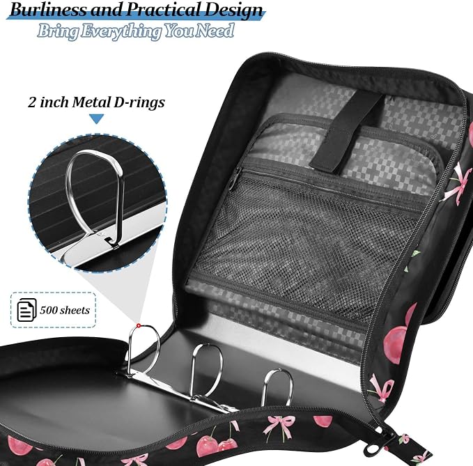 Watercolor Cherry Bow 3 Ring Binder Bag 1.5 inch Binder Organizer with Zipper Shoulder Strap 500 Sheet Documents Storage for School Office