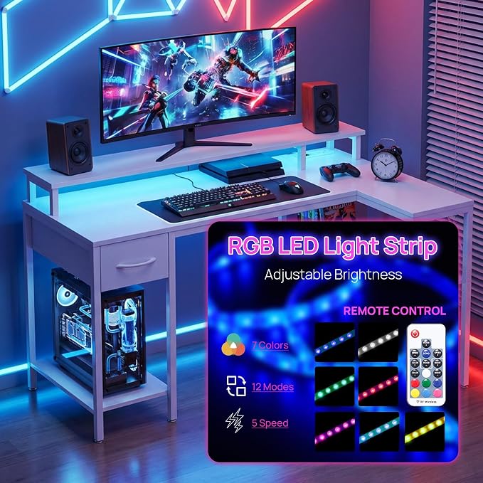 Alpen Computer Desk, L Shaped Desk for Gaming, Home Office Desk with LED Lights, Reversible Corner Desk with Shelves and Drawer, PC Desk for Living Room, Bedroom, 53 Inch, White