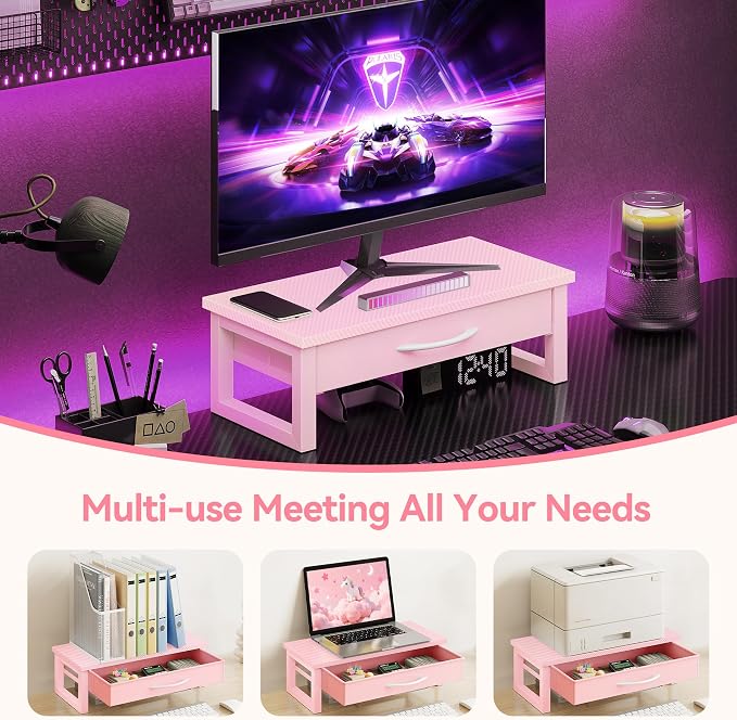 Desk Organizers and Accessories, Computer Monitor Stand Riser with Fabric Drawer, 2-Tier Laptop Stand for Desk, Office Organization Accessories, Pink