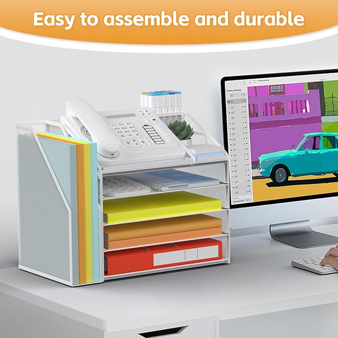 DocNest 5 Tier Metal Mesh Desk File Organizer with Phone Shelf, White | Desktop letter tray sorter features a 9.1x9.1 inch top phone holder, built-in sticky note compartment and pen holder