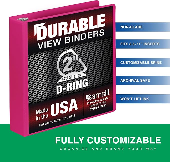 Samsill Durable 2 Inch Binder, D Ring Binder, Customizable Clear View Cover, Dragonfruit, Holds 475 Pages