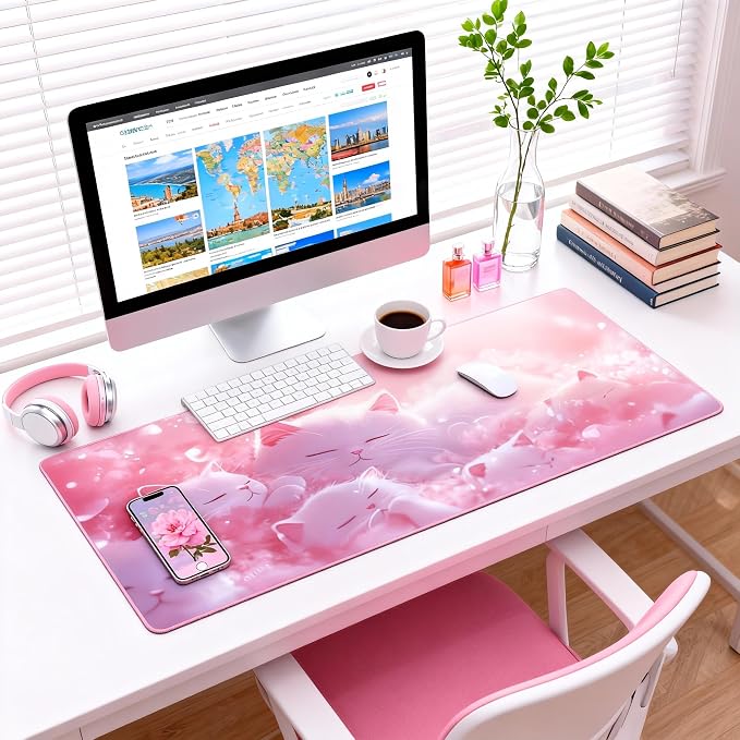 Cute Anime White Cat Gaming Mouse Pad, Pink Dreamy Desk Mat with Anti-Slip Base & Stitched Edges,35.4" x 15.7" in Table Mat for Computer Desktop, Beautiful Workstation Decor