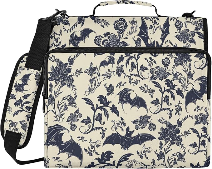 Goth Bats Floral Zipper Binder File Organizer Bag 3 D-Ring | with Shoulder Strap, Holds 500 Sheets & 14in Laptop, 3 Ring Binder for Office Supplies
