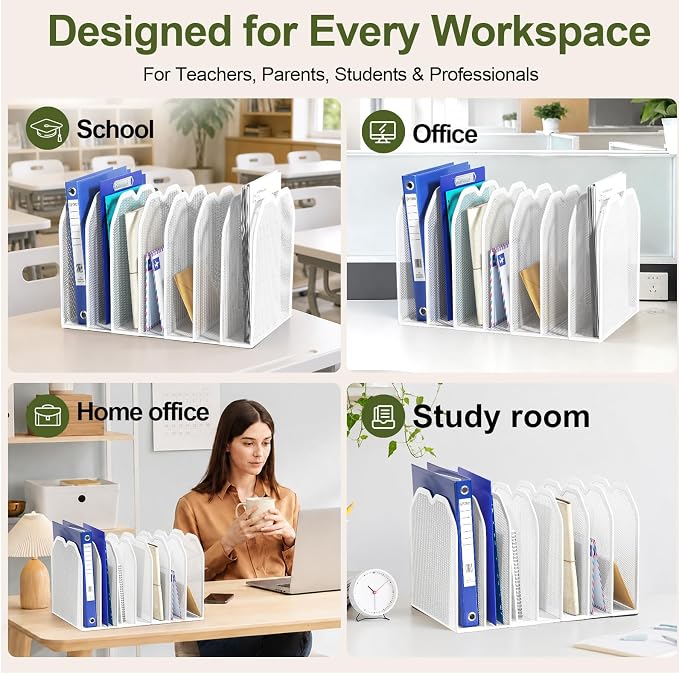 FANXIYQ White 7-Section File Folder Organizer for Desk, Metal Vertical File Holder Stand, Desktop File Organizer Rack for Letter/A4 Folders, Papers, Books, Office Classroom Home