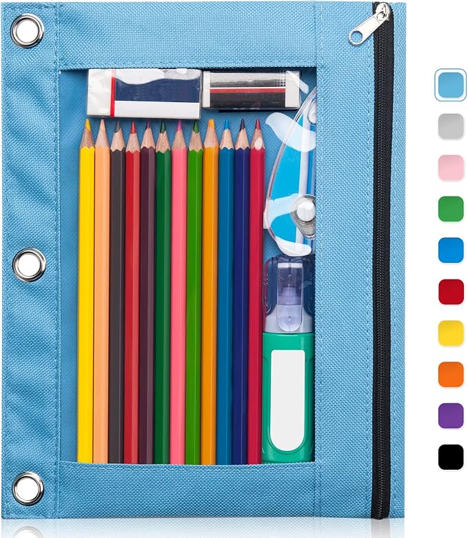 Forvencer 3 Ring Binder Pencil Pouch - Clear Window Pencil Case with Binder | Smooth Zipper, Big Capacity Pencil Bag with 3 Reinforced Grommets, Sky Blue