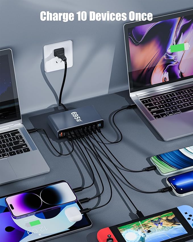 695W USB C Charger Block,10-Port USB C Charging Station GaN IV Travel Essentials Multiple Port Charging Station,100W Laptop Fast Charger Adapter for MacBook Pro/Air,DELL,iPad,iPhone,Samsung Galaxy