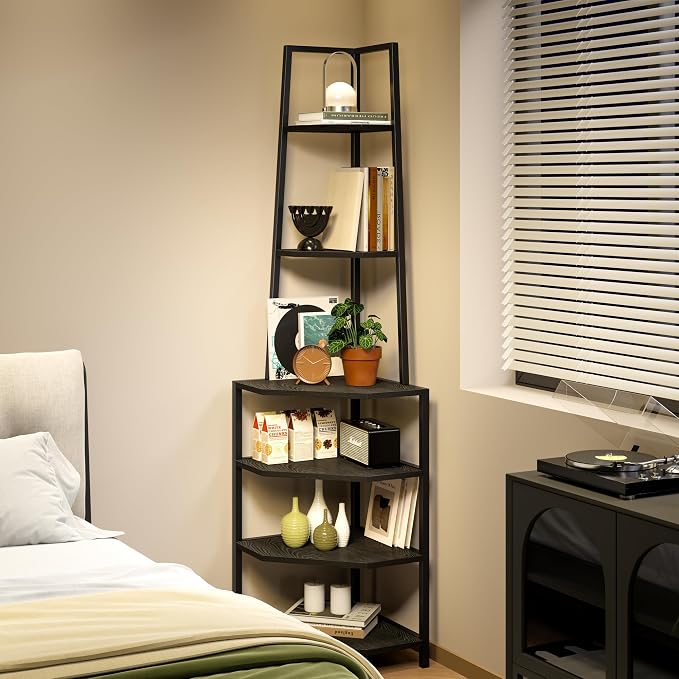 VECELO 6 Tier Corner Shelf 69 Inch Industrial Bookshelf with Metal Frame, Multipurpose Tall Plant Stand with Opening Display Shelves for Living Room, Bedroom, Home Office, Small Space, Black