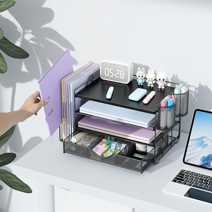 gianotter Wood Desk Organizers and Accessories with File Holder, 4-Tier Desk Accessories & Workspace Organizers with Drawer and 2 Pen Holder, Desk Reference Organizer (Black, 4T with Metal Drawer)