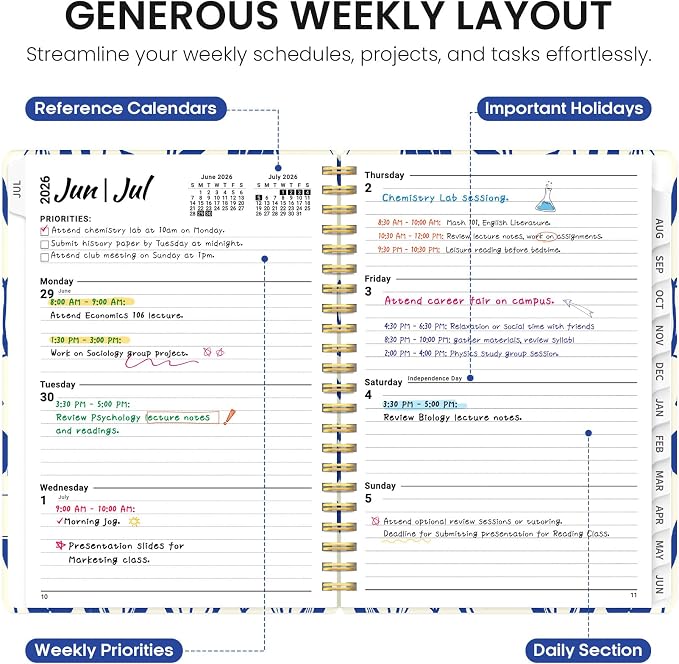 Planner 2026-2027, Jul 2026-Jun 2027 Monthly & Weekly Planner Calendar | 6.3" x 8.5", Hardcover Academic Spiral Pretty School Planning Book for Women, Teacher, Student, Indigo Tulips