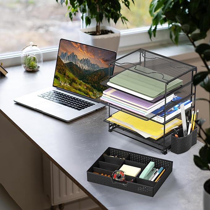 Simple Houseware 5-Tier Desk File Organizer w/Drawer & Pen Holder, Black | Desktop Tray Organizer for A4 Paper, Mail and Documents