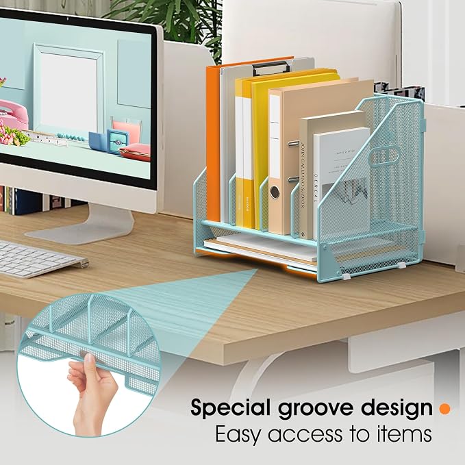 4 Vertical Mesh Desk Organizer with Paper Letter Tray, Blue | Sorting racks with lower letter tray section. Multipurpose mesh desktop space saver for home office and school