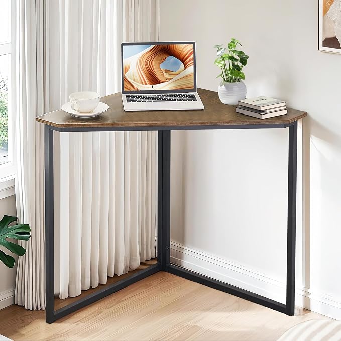 VECELO Corner Desk,Office Tables for Living Room for Small Space Triangle Computer Desk with Steel Frame Corner Shelves with Metal Frame Writing Desk for Workstation Classic Brown 33.1"