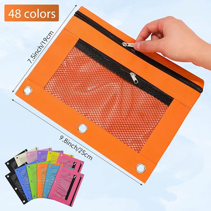 Leelosp 48 Pack Pencil Pouch for 3 Ring Binder,Vivid Colors | Bulk Mesh Zipper Binder Pouches Pencil Boxes for Classroom Pencils Case Bags for Storing School Students Teacher Supplies