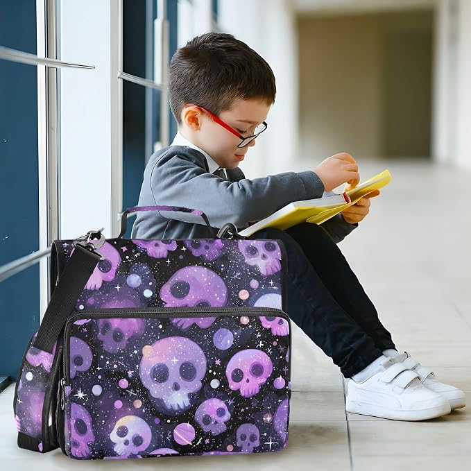 Purple Skulls Black Background 3 Ring Binder Bag 1.5 inch Binder Organizer with Zipper Shoulder Strap 500 Sheet Documents Storage for School Office