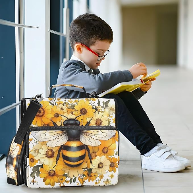 3 Ring Zipper Binder with Shoulder Strap Yellow Daisy Bee Bumblebees 1.5 inch Binders Keeper Large Capacity Multi Pockets for School Office Supplies
