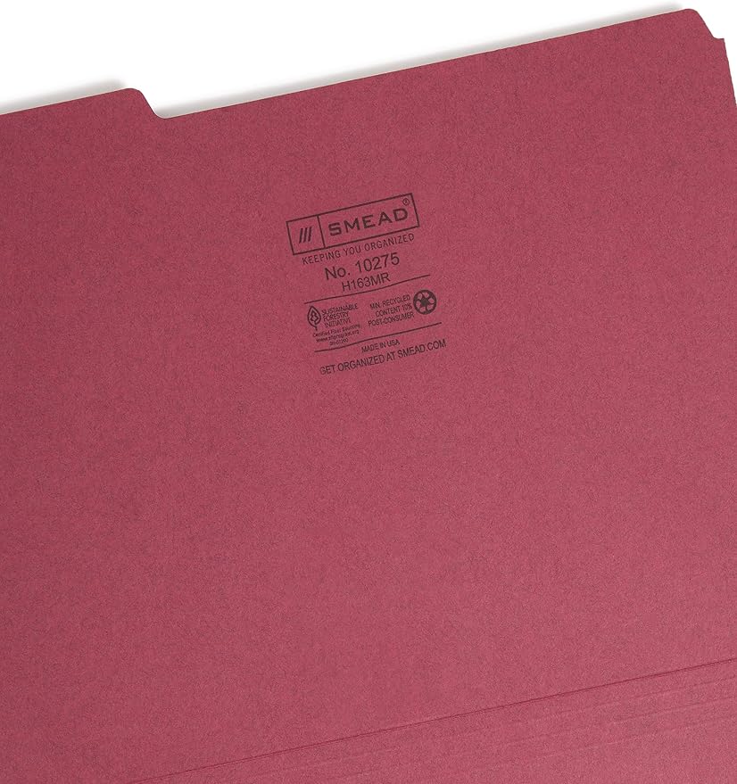 Smead Interior File Folder, 1/3-Cut Tab, Letter Size, Maroon, 100 per Box, Expandable File Folders for Filing Cabinet