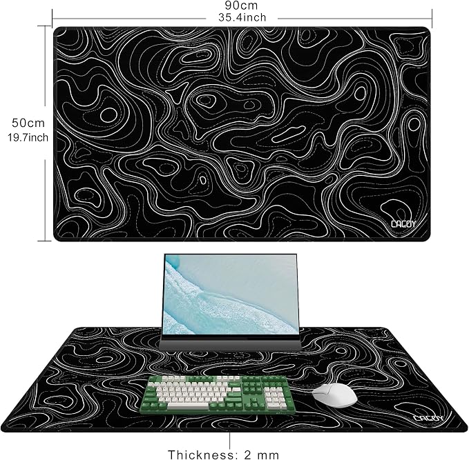 Cacoy 36" x 20" Black Topographic Gaming Mouse Pad Large Computer Mouse Mat | Extended Contour Line Keyboard Mouse Mat XXL Stitched Edges Desk Mat for Office Home Non-Slip Rubber Base Full Desk Mousepad
