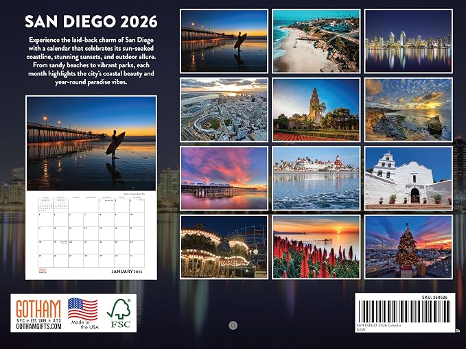 San Diego Calendar 2026 Wall 12 Month Monthly CA Scenic Souvenirs Californian Themed Gifts | American Made In The USA
