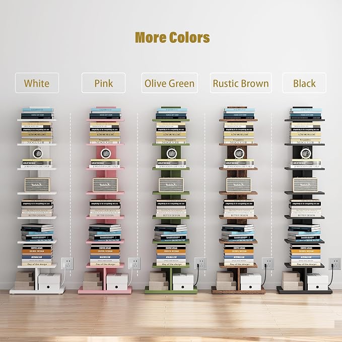 TUTOTAK Book Shelf, Narrow Spine Bookshelf, 8-Tier Bookcase with LED Lights | 10.4 x 13.4 x 47.5 Inches Vertical Freestanding Corner Shelf for Living Room, Office, Small Space, Brown BS06BB008L