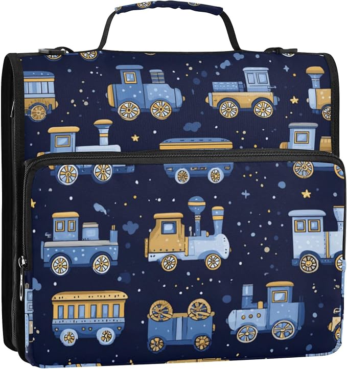 Fisyme Trains Cute Blue Zipper Binder 3 Ring with Zipper and Shoulder Strap Large Capacity Multi-Pocket Binder Organizer