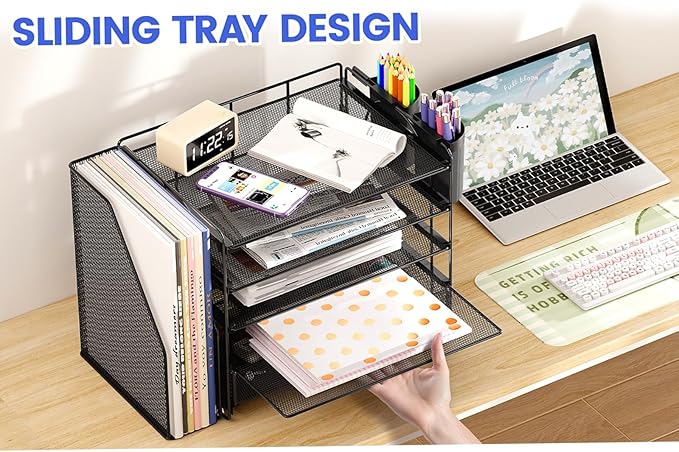 OPNICE Desk Organizer, 5-Tier Paper File Organizer with Drawer & Pen Holder, Office Desk Accessories, Workspace Desktop Organizer for Office Supplies(Black)