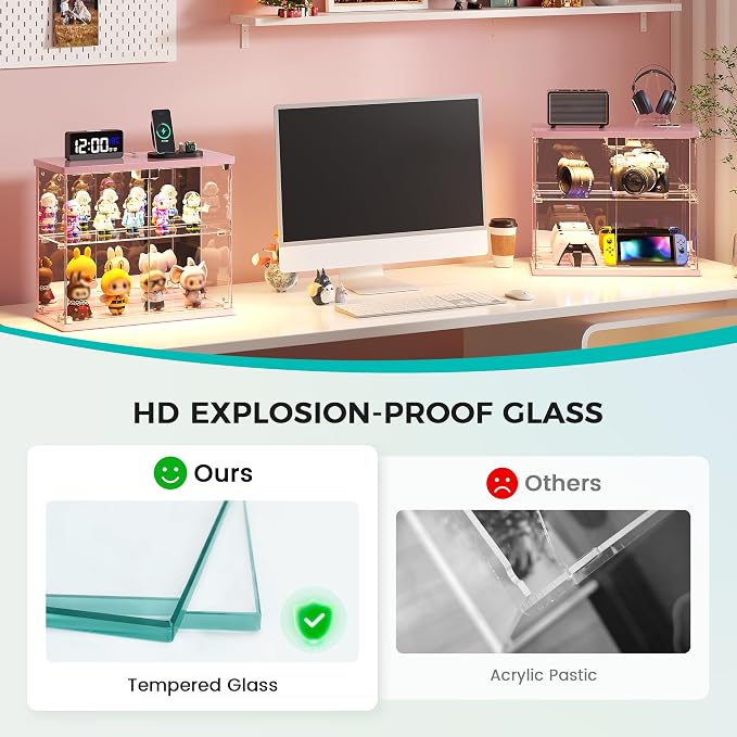 Dystler 2pc Glass Display Case with LED Lights, Small 2-Tier for Figures | Lighted Display Cabinet with Motion Sensor, Clear Tempered Glass Door, USB-C Charging Hub for Collectibles, Rocks, Tabletop