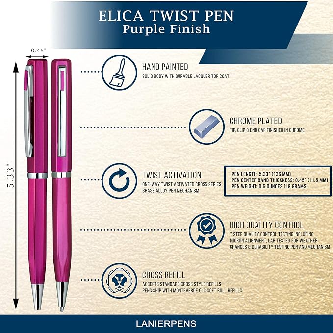 Lanier Licia Ballpoint Pen - Shiny Chrome Ring & Parts with Medium Tip 0.7mm Cross Style Refill (with Accents - White or Black or Pink or Purple)
