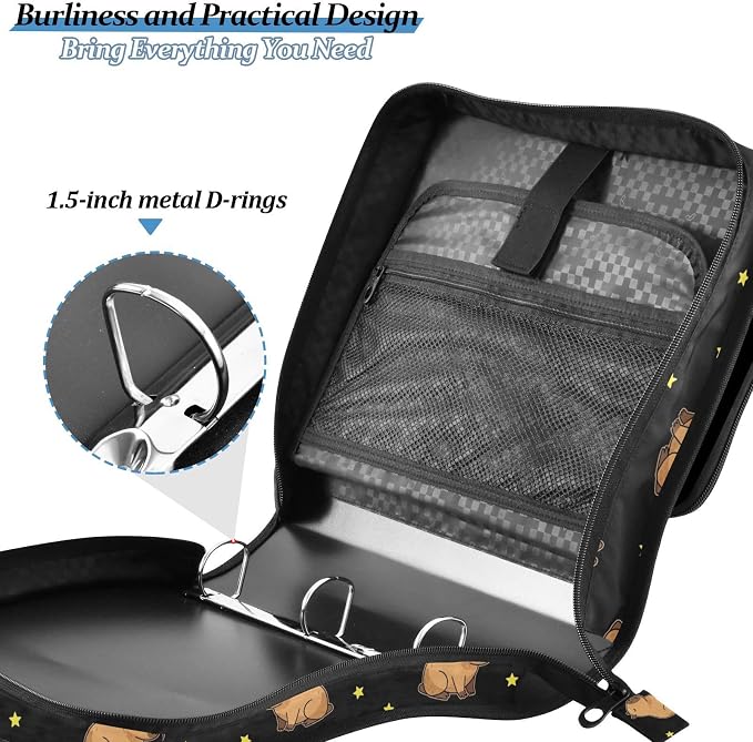 Capybara Stars Black Print Zipper Binder Bag 3 Ring with Shoulder Strap & Handle Multi Pocket Binder Organizer Bag Large Capacity for School Office Supplies