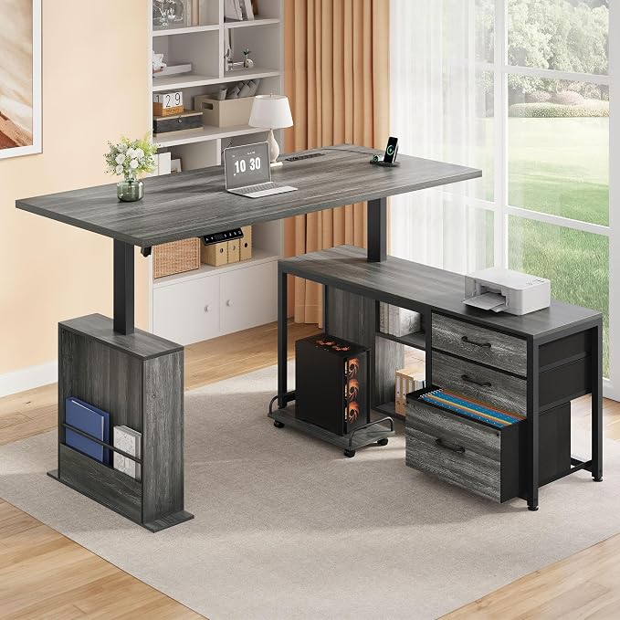 63'' L Shaped Desk with 3 Drawers Electric Standing Desks Grey | with Storage Computer Desk Adjustable Height with Power Outlets 4 Memory Presets for Home Office