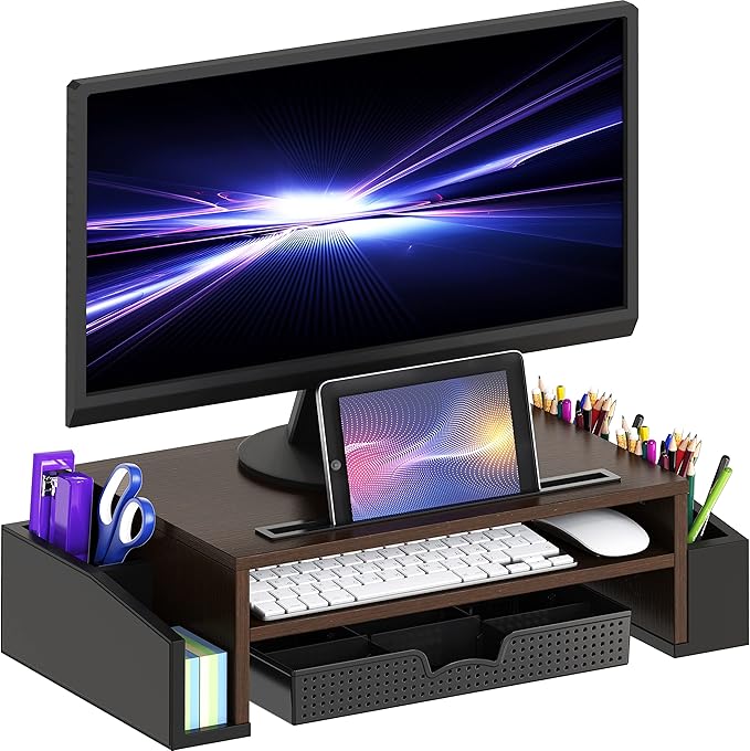 Simple Houseware Desk Monitor Stand Riser w/ Adjustable Tray, Espresso | Built-In Tablet Slot and Side Storage
